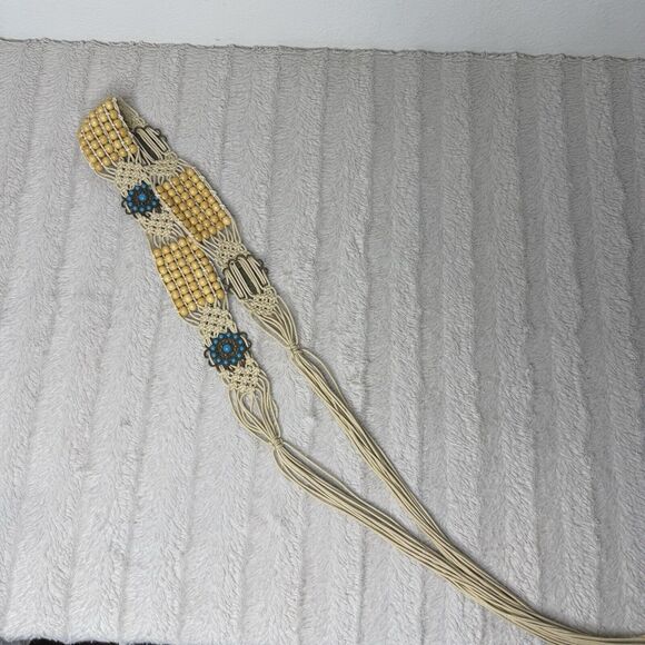 Macrame Beaded Tie Waist Belt Retro Western Boho Festival Turquoise Color Detail - Picture 3 of 7